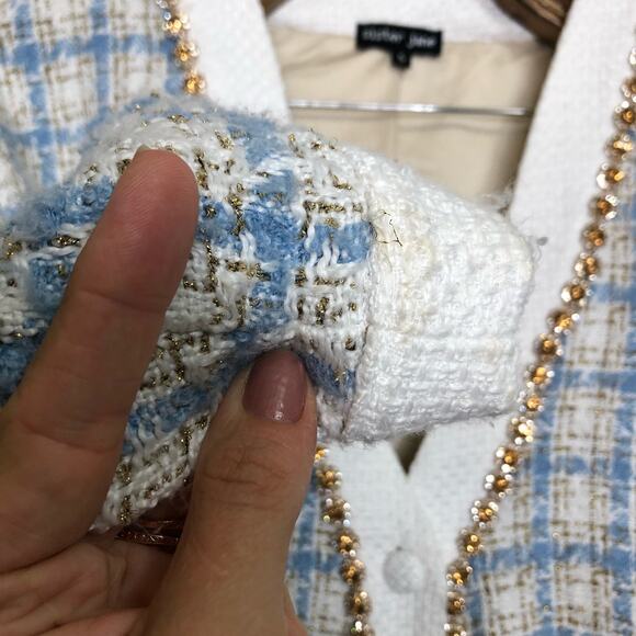 Sister Jane Blazer Cardigan Metallic Blue Tweed Plaid Long Bejeweled V Neck S - Picture 7 of 14